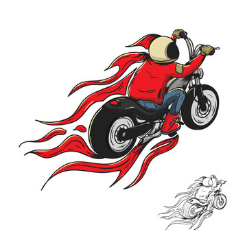 chopper bike using red jacket with fire burn. good for t-shirt design and motor club