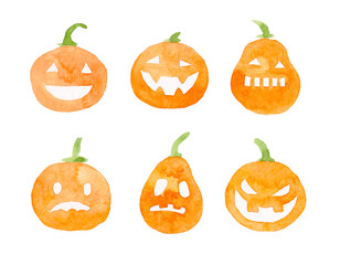 Watercolor set of halloween scary smiling pumpkins isolated on white background.