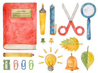 Watercolor set of vintage school stationery isolated on white background.