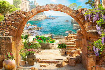 An old stone arch with a view of the seascape. Wallpaper on the wall. - obrazy, fototapety, plakaty