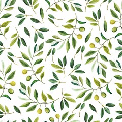 Watercolor kitchen seamless pattern of green olives. Hand painted illustration with olive branches and leaves isolated on white background. For design, print, wrapping, textile and fabric.