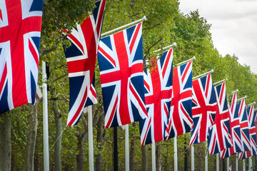The Mall decked out with UK flags in London, United Kingdom holiday national celebration, King...