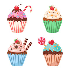 Fresh delicious muffins  with chocolate crumbs, glazed sweets isolated on white background. Sweet cupcake delicious dessert vector illustration. Bakery product. 