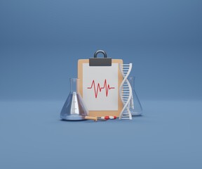 Medical laboratory set with beakers and Pills, Social media post with 3d illustration