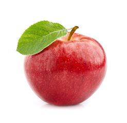 Apple with leaf in closeup on white background