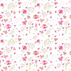 Seamless vector background with birds and flowers. Children style doodle