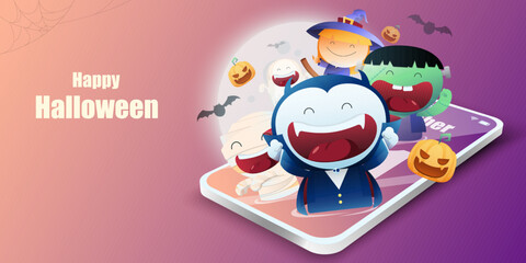 Dracula,mummy,frankenstein,wich,ghost and pumpkin character on mobile for halloween