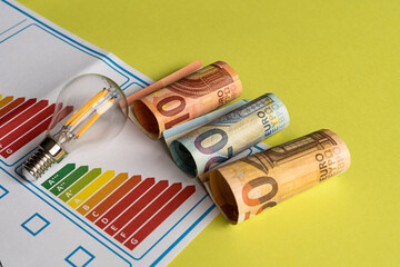 Concept of energy efficiency translated to the cost in bills that represents improving the...