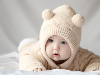 4 month old small child. Baby girl with blue eyes and knitted blouse on a white blanket