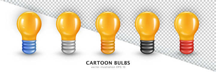 Collection of five cartoon three dimensional Edison fluorescent bulbs. Realistic vector glowing incandescent light bulbs. Front view of 3d yellow filament lamps isolated on transparent background.