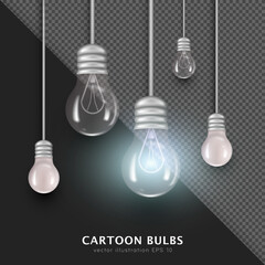 3D hanging on a wire Edison bulbs isolated on transparent background. Vector cartoon glowing switched on and off fluorescent lightbulbs. Realistic glowing filament lamps. Electricity turned on and off