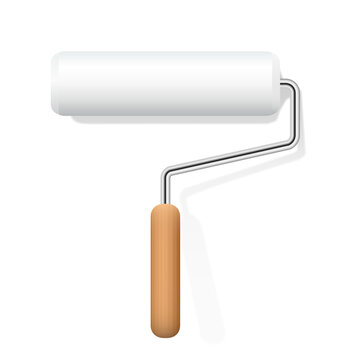 Paint roller, painting tool with white cylindrical core and wooden handle for painter and decorator to paint walls or large canvas. Isolated vector illustration on white background.
