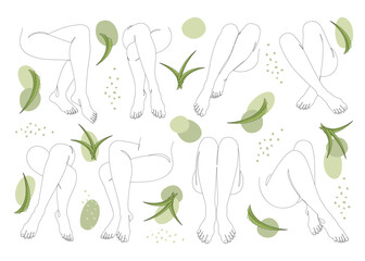Fototapeta na wymiar Collection. Silhouettes of lady legs, feet and aloe vera leaves in modern style. Solid one line drawing, outline for decor, wall posters, stickers, logo. Set of vector illustrations.