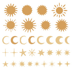 Abstract sun, moon, stars on white background. Hand drawn vector illustration for your design.