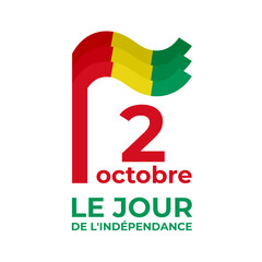 October 2, guinea independence day. Vector template with guinean wavy flag in simple concise style, icon. National holiday of Guinea. Greeting card. Translation: October 2nd Independence Day
