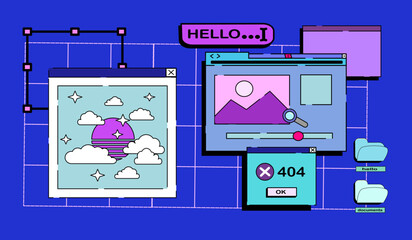 Retrowave pc desktop with message boxes and popup user interface elements. user interface elements in retro y2k vaporwave style. Modern vintage comics illustrations in the 80s and 90s.