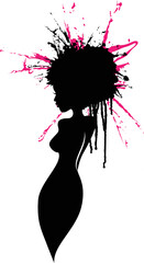 Silhouette of a voluptuous woman with a paint splash artistic afro hairstyle in vector format - 532001996