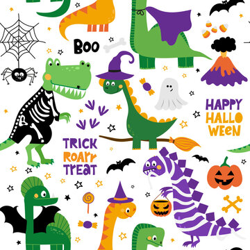 Cute dinosaur seamless pattern with spider web for Halloween. Dinosaurs, pumpkins, spider, ghost, costumes, spider, sweets funny hand drawn doodle, textile graphic design. wallpaper, wrapping paper.
