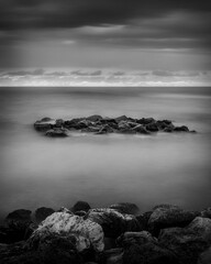 black and white sea rocks