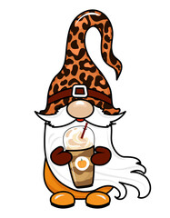 Adorable gnome with pumpkin spice latte - Thanksgiving gnome with coffee. Nordic magic dwarf. Cute holidays Elf with hat. Vector illustration for Harvest, Thanksgiving or Halloween. I love Fall day.