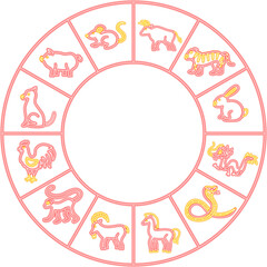 Chinese Zodiac Neon Circle. Vector Illustration of Asia Promotion.