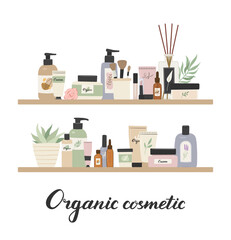 Organic cosmetic products standing on shelf in store flat vector illustration. Cream, shampoo, bath goods, spa accessories, hygiene items for skin and body care on white background.