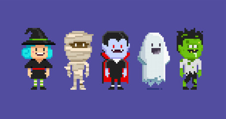 Fototapeta premium Pixel Art set of Funny Ghost, Mummy, Cute Witch, Zombie, Dracula vampire in 8-bit retro computer game style. Cute pixel characters for Happy Halloween design. Editable cartoon vector illustration