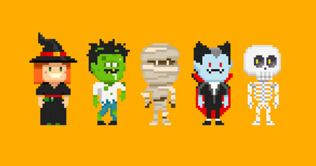 Obraz na płótnie Canvas Pixel Art Halloween set of Mummy, Funny Witch, Zombie, Skeleton, Dracula vampire in 8-bit retro computer game style. Happy Halloween vector illustration
