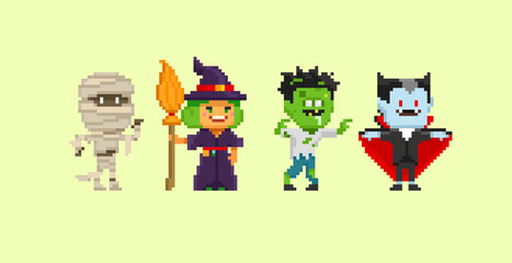 Pixel Art Halloween set of Mummy, Cute Witch, Zombie, Dracula vampire in 8-bit retro computer game style. Happy Halloween vector illustration
