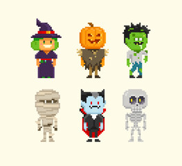 Pixel Art set of  Ghost, Mummy, Witch, Scarecrow or bogeyman, Dracula vampire in 8-bit retro computer game style. Cute pixel characters for Happy Halloween design. Editable cartoon vector illustration