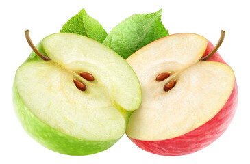 Red and green apple halves, cut out