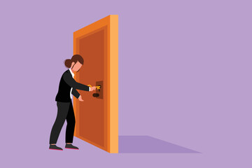 Cartoon flat style drawing of businesswoman inserts key into keyhole which is on the door. Female manager open office room door with key. Success business metaphor. Graphic design vector illustration