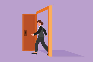 Cartoon flat style drawing businesswoman walking through an open door frame. New business ventures challenge. Entering new market competition. Career growth concept. Graphic design vector illustration