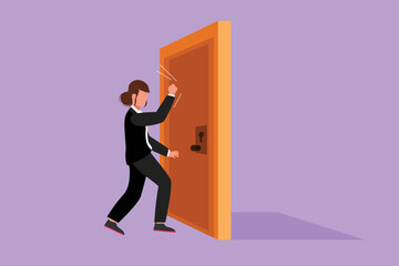 Cartoon flat style drawing businesswoman knocking at door. Manager standing at entrance of meeting room knocking door. Female in formal blazer is knocking at door. Graphic design vector illustration