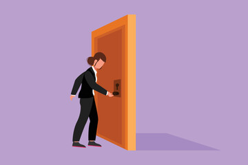 Cartoon flat style drawing businesswoman holding a door knob. Entering working room in office building. Female holding door knob to open door and enter work space. Graphic design vector illustration
