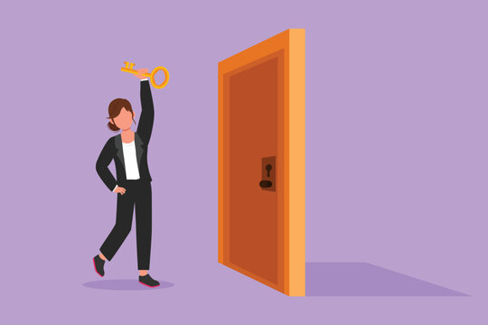 Character flat drawing young businesswoman lifting key in front of door. Female holding key to open office room door. Starting morning with success spirit to work. Cartoon design vector illustration