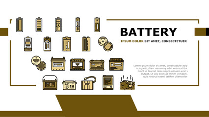 battery power energy electric car landing web page vector. technology industry, electricity lithium, charger, cell charge, equipment, low level battery power energy electric car Illustration