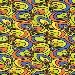 Psychedelic Groovy pattern with colorful abstract spots, streaks, blots in a trippy style.