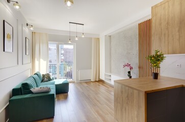 Piękny salon w nowoczesnym apartamencie z zieloną sofą