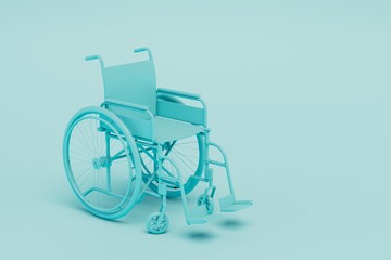 Fototapeta na wymiar device for the movement of paralyzed people. a blue wheelchair on a blue background. copy paste. 3D render