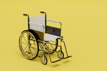 Fototapeta na wymiar movement of disabled people to a wheelchair. wheelchair on a yellow background. 3D render