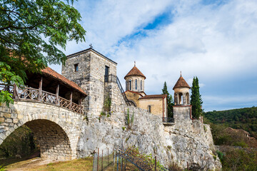 Fototapeta na wymiar Motsameta monastery, medieval stone orthodox church located on a cliff near Kutaisi, Georgia, Imereti Region. 