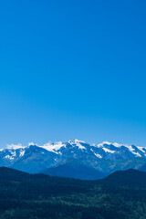 Obraz premium snow capped mountain range in Mestia, Svaneti region in Georgia. Landscape of mountain with snow in Caucasus