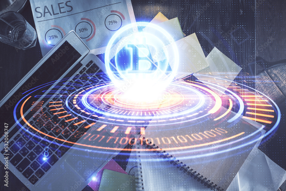 Poster Blockchain theme hologram drawings over computer on the desktop background. Top view. Double exposure.