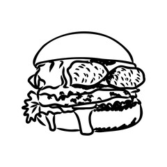 Burger black outline sketch. Vintage style. Vector illustration.