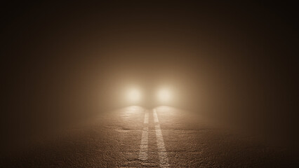 Ominous car parked in middle of road at night shining blinding headlights - Powered by Adobe