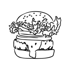 Burger black outline sketch. Vintage style. Vector illustration.