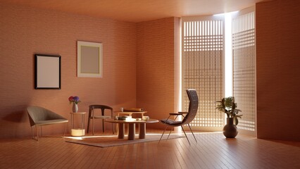 living room interior in warm colors with picture frames, 3d render