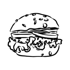 Burger black outline sketch. Vintage style. Vector illustration.