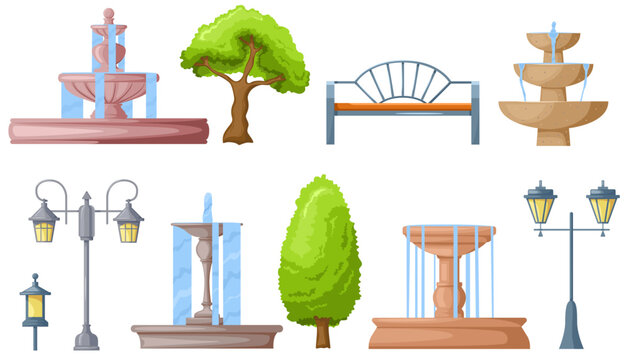Set of fountains and city summer park and square elements in cartoon style. Fountains, trees and lanterns. Stock vector cartoon illustration.